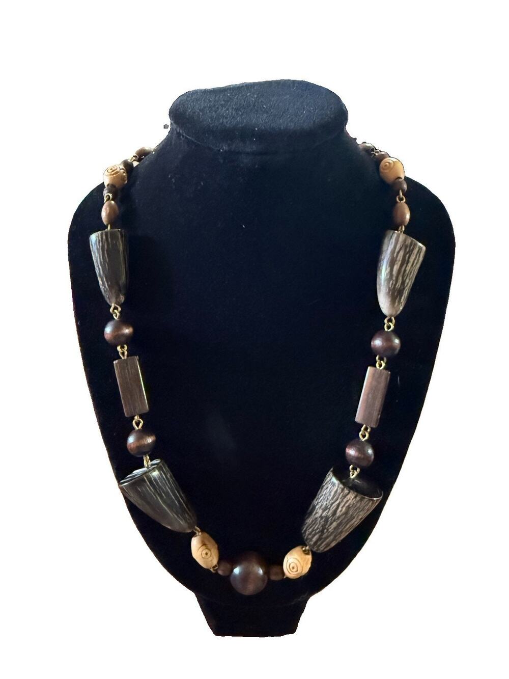 Vintage Buffalo Horn Statement Necklace Earthy Wood Beaded Tribal Boho 32 Inch